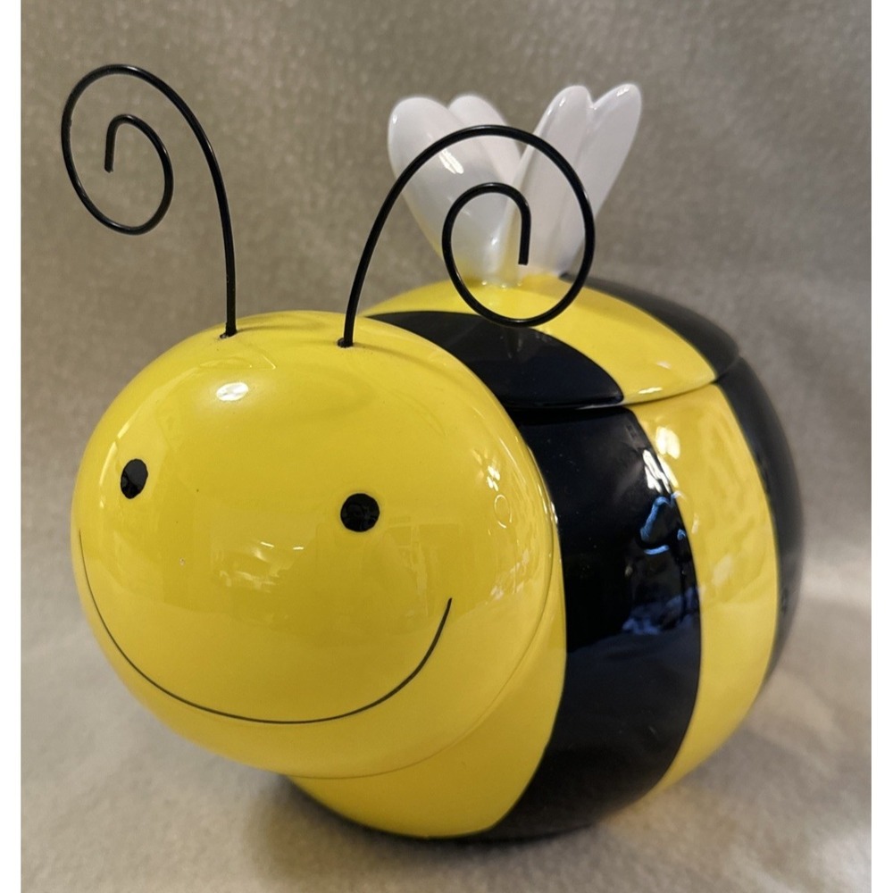 Avon Busy Little Bee Honey Bee Ceramic Cookie Treat Jar Yellow Black Striped